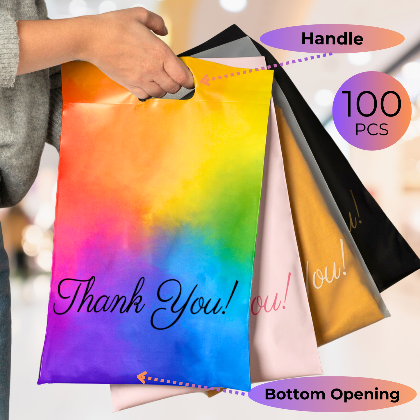 Rainbow Poly Mailers with Handle 10x13, 100 Pack