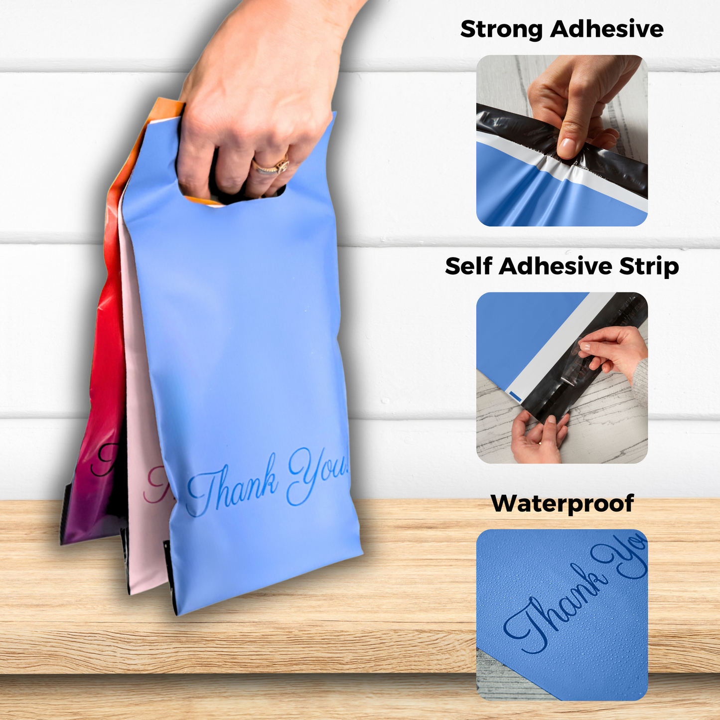 Blue Poly Mailers with Handle 6x9, 100 Pack