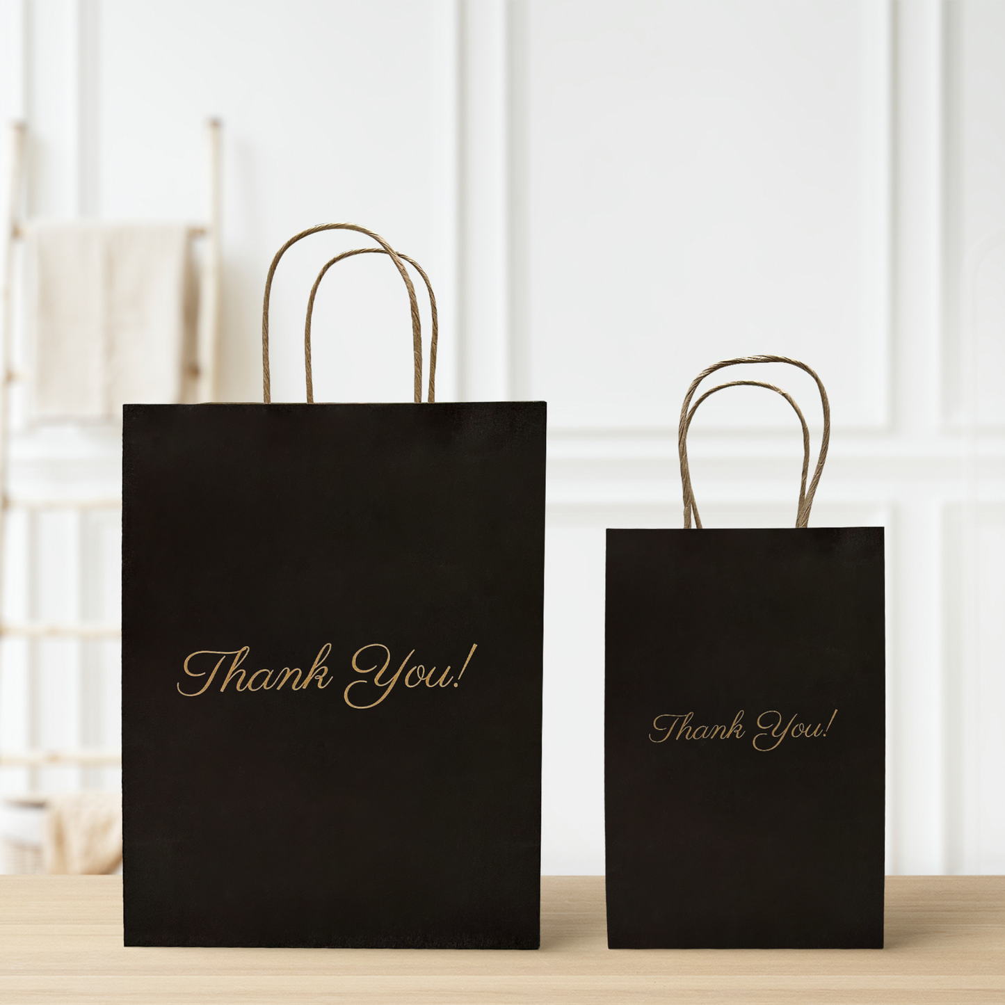 Thank You Gift Bags, Black Paper Bags 50 Pack, 5"x8"x3" Wedding Gift Bag
