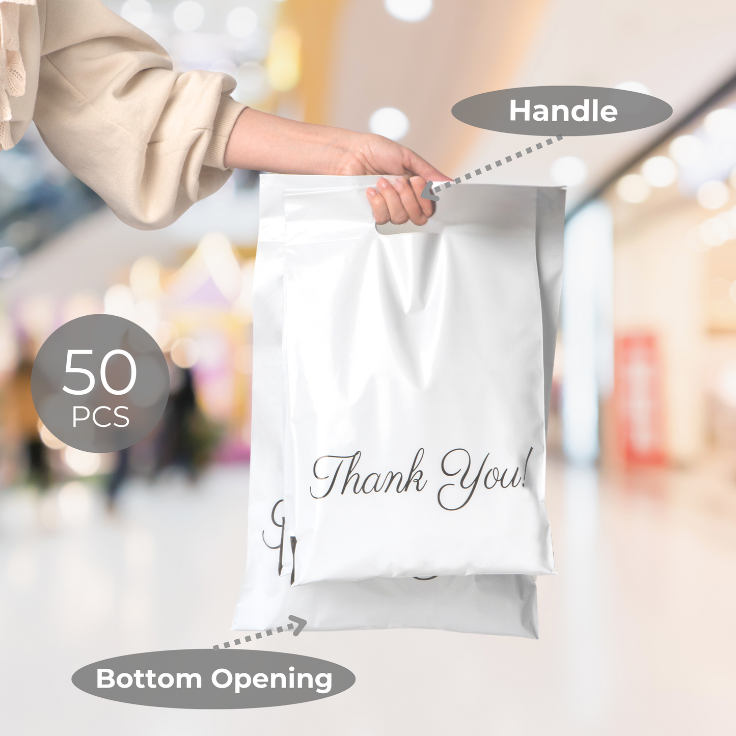 White Poly Mailers with Handle 12x15, 50 Pack