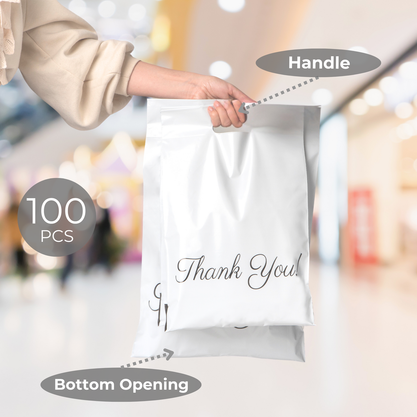 White Poly Mailers with Handle 10x13, 100 Pack