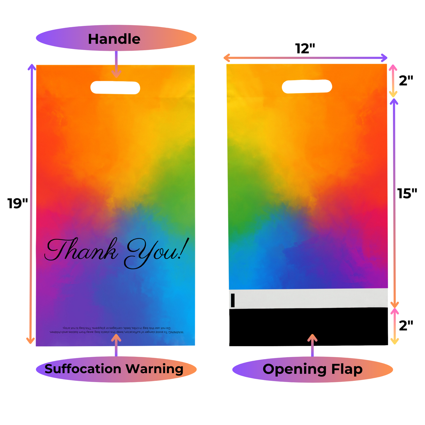 Rainbow Poly Mailers with Handle 12x15, 50 Pack