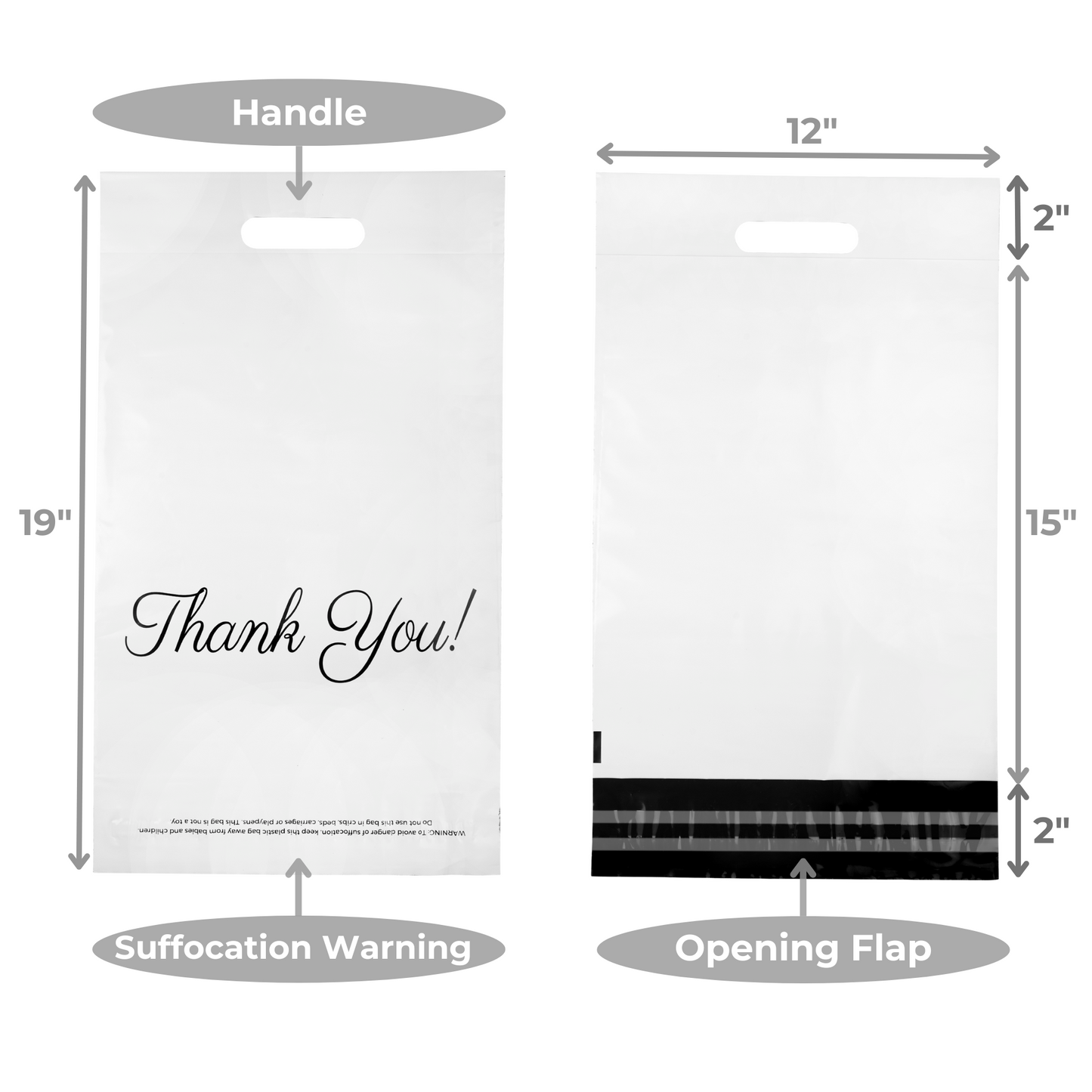 White Poly Mailers with Handle 12x15, 50 Pack