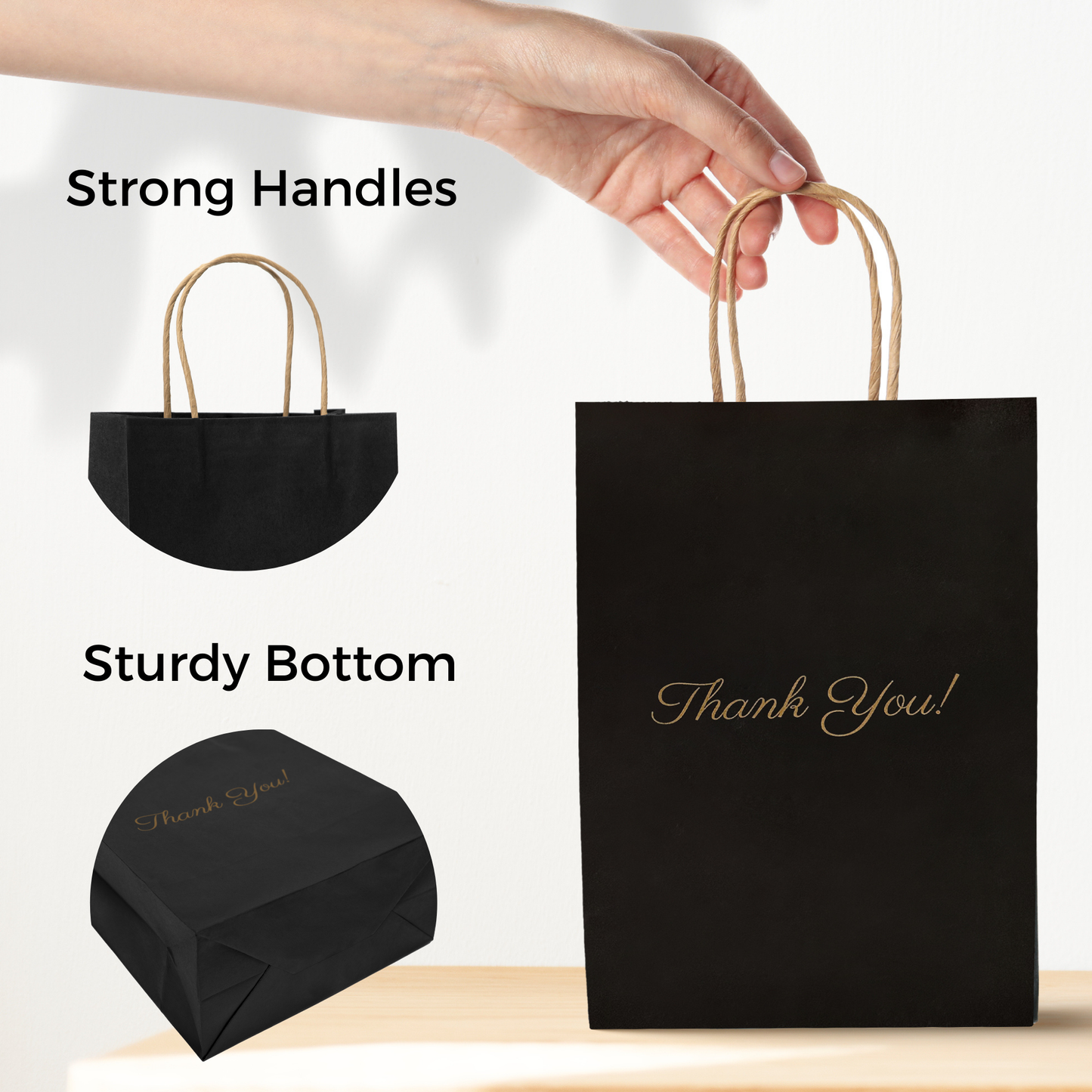 Thank You Gift Bags, Black Paper Bags 50 Pack, 5"x8"x3" Wedding Gift Bag