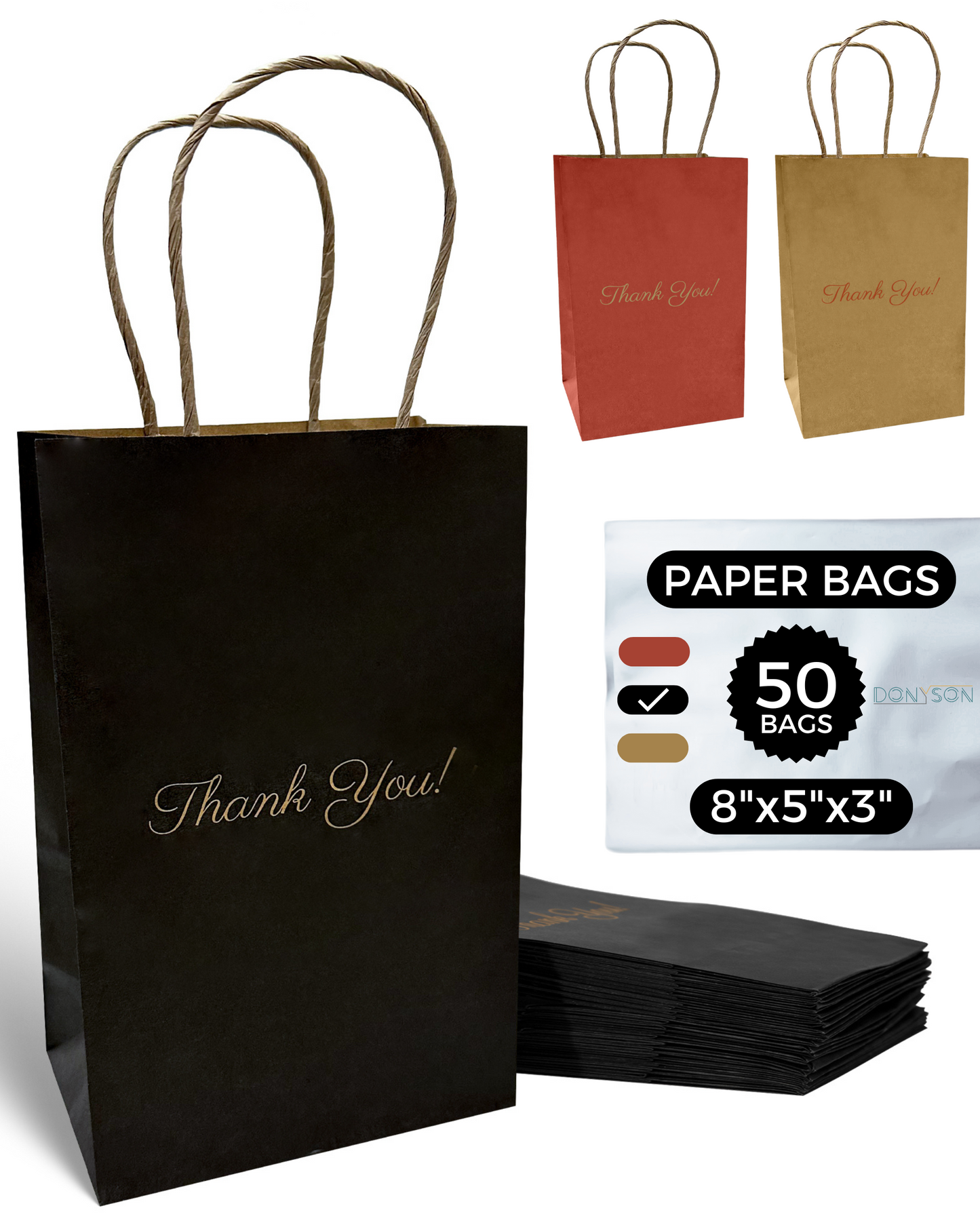 Thank You Gift Bags, Black Paper Bags 50 Pack, 5"x8"x3" Wedding Gift Bag