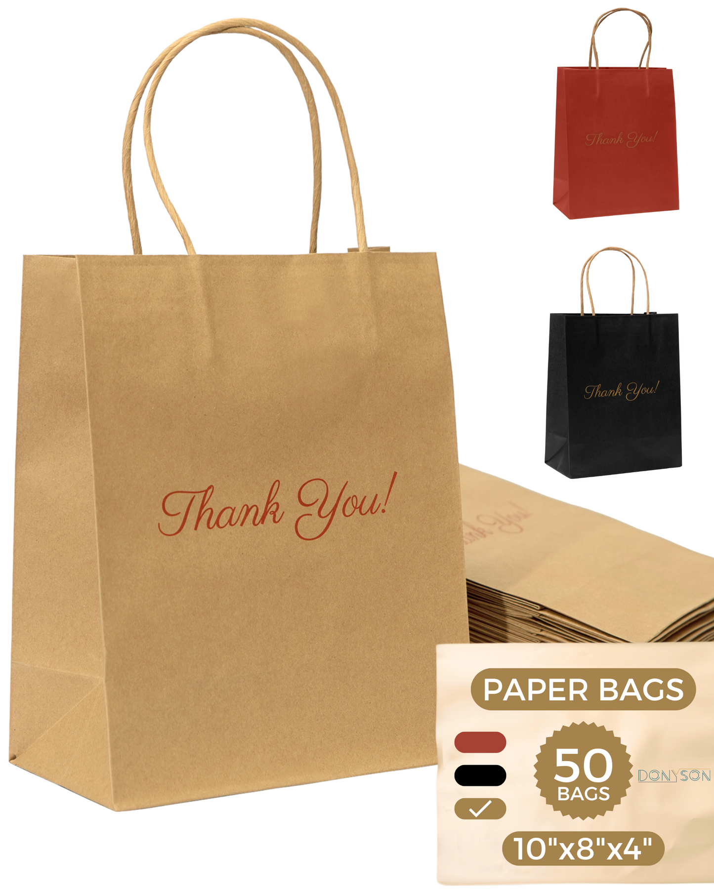 Thank You Gift Bags, Kraft Paper Bags 50 Pack, 8"x10"x4" Wedding Gift Bag