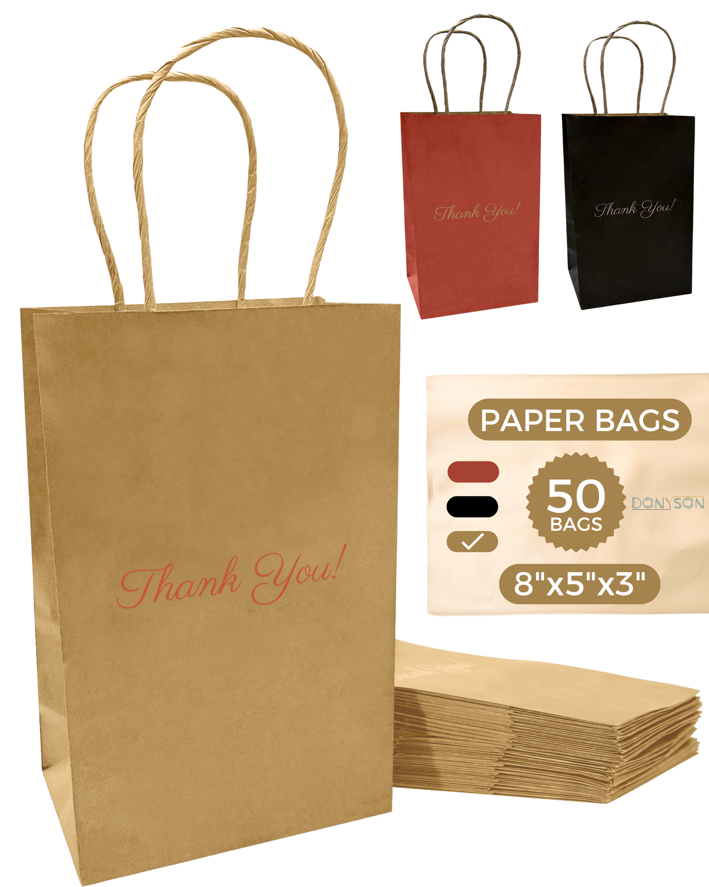 Thank You Gift Bags, Kraft Paper Bags 50 Pack, 5"x8"x3" Wedding Gift Bag