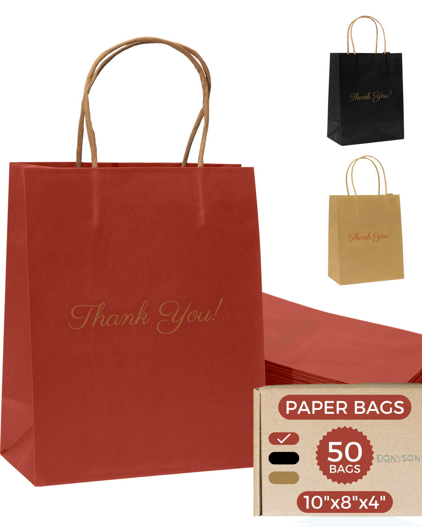 Thank You Gift Bags, Red Paper Bags 50 Pack, 8"x10"x4" Wedding Gift Bag
