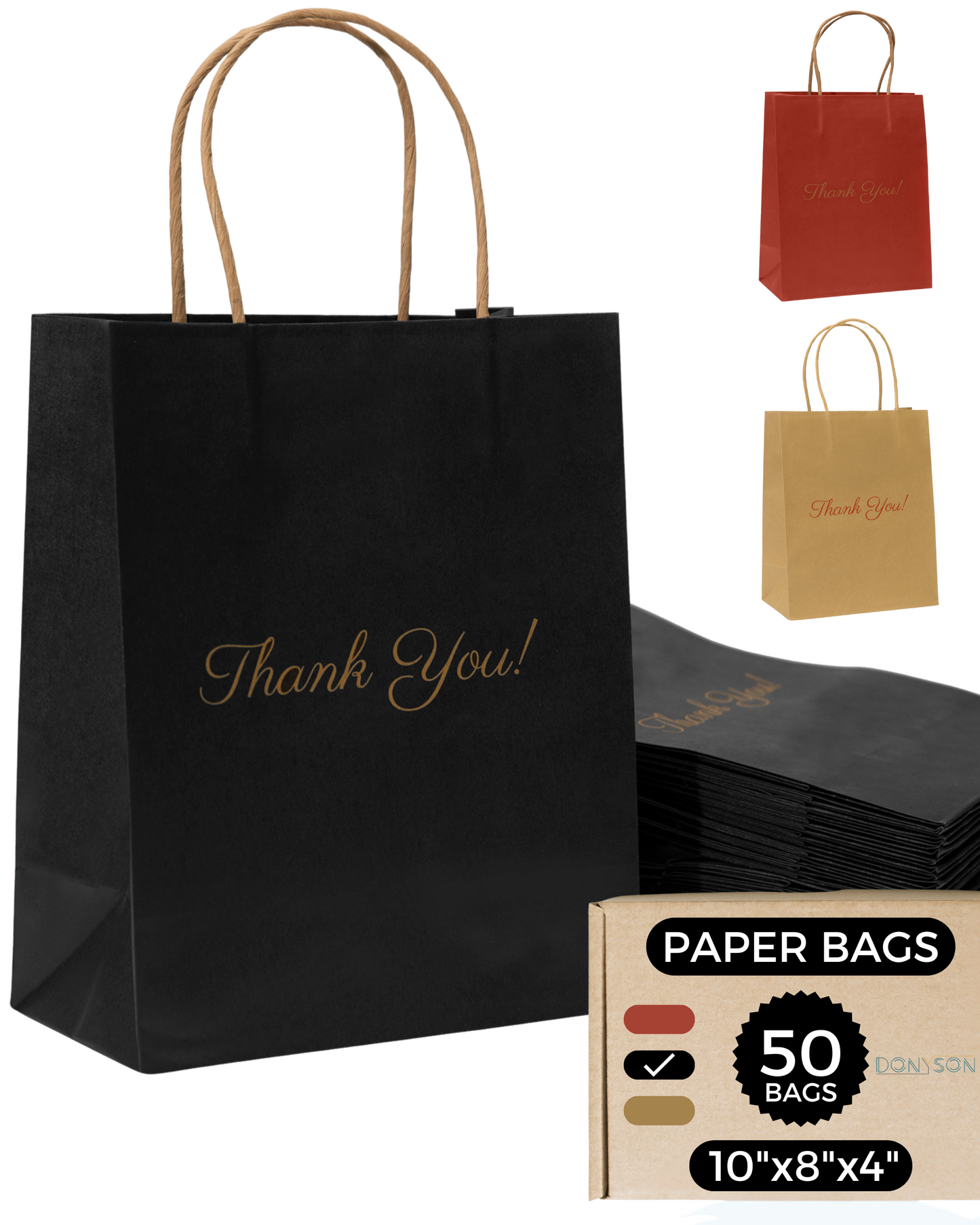 Thank You Gift Bags, Black Paper Bags 50 Pack, 8"x10"x4" Wedding Gift Bag