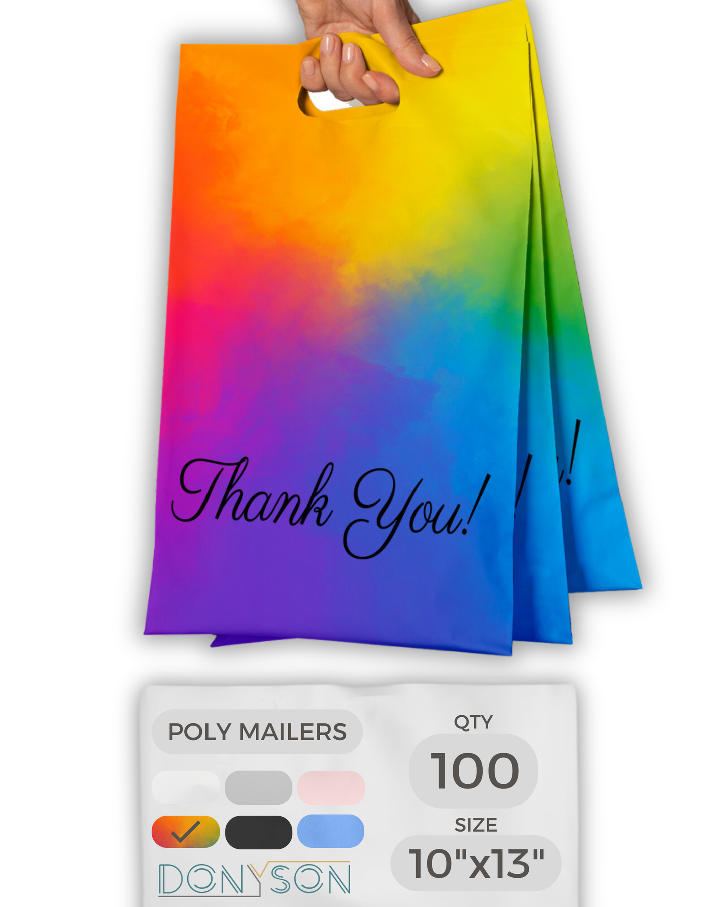 Rainbow Poly Mailers with Handle 10x13, 100 Pack