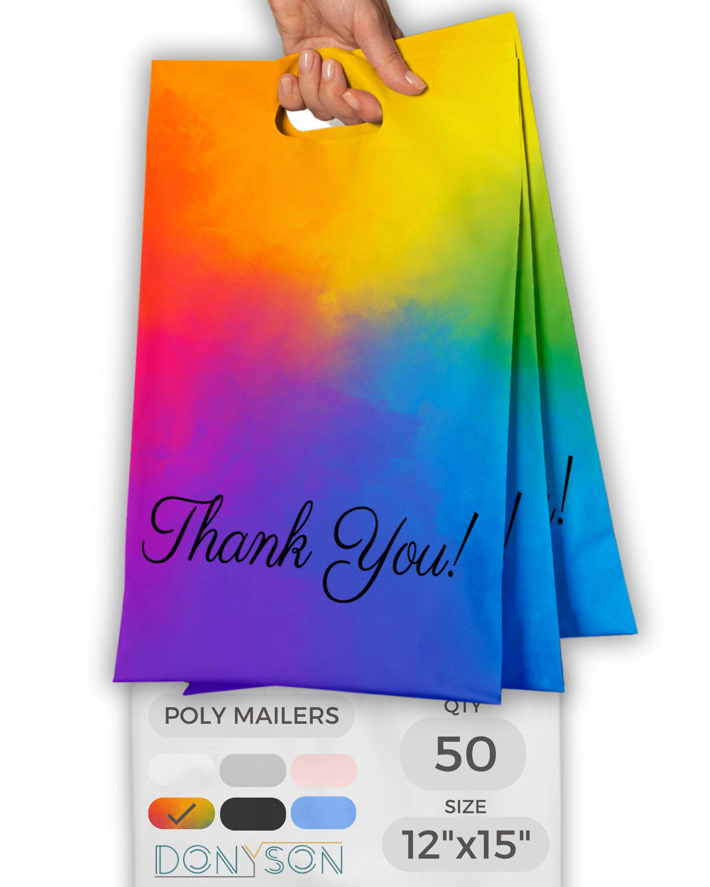 Rainbow Poly Mailers with Handle 12x15, 50 Pack