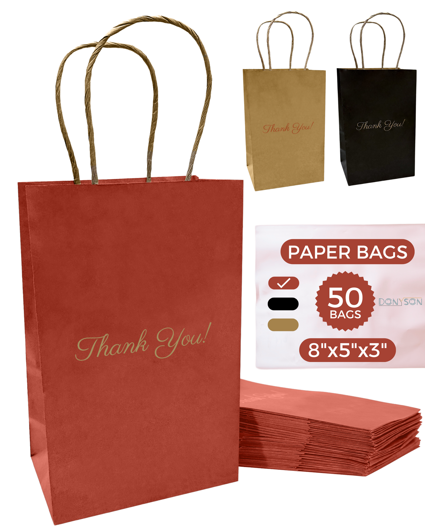 Thank You Gift Bags, Red Paper Bags 50 Pack, 5"x8"x3" Wedding Gift Bag