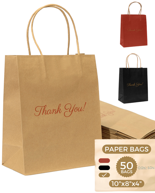 Thank You Gift Bags, Kraft Paper Bags 50 Pack, 8"x10"x4" Wedding Gift Bag