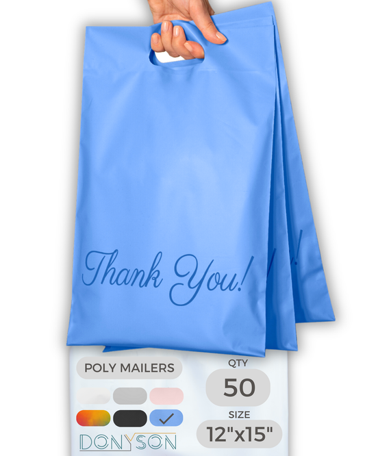 Blue Poly Mailers with Handle 12x15, 50 Pack