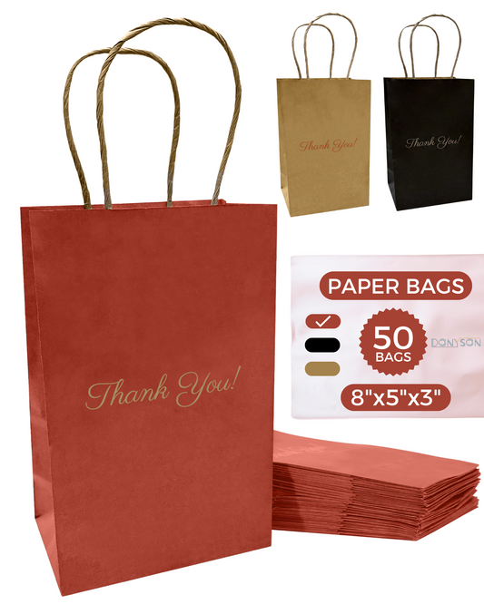 Thank You Gift Bags, Red Paper Bags 50 Pack, 5"x8"x3" Wedding Gift Bag